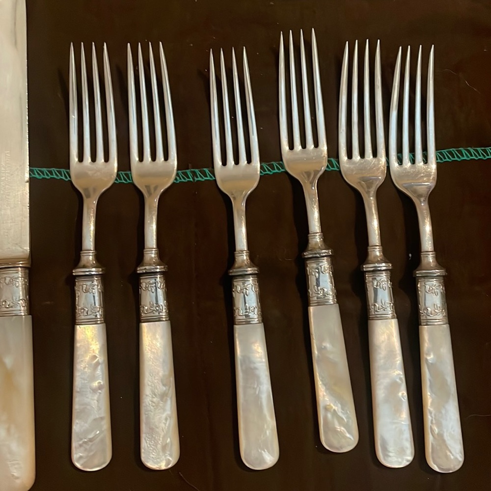 Flatware Set Sterling Silver Band Plated Silver Tips And GenuineMother Of  Peal